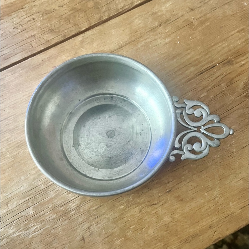 Well loved pewter bowl vintage WEB 1176 Porringer with filigree handle